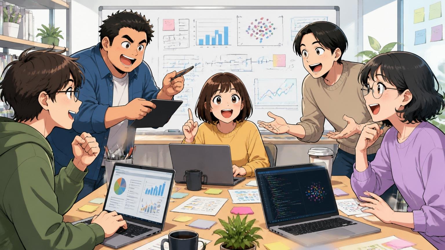 Web系スタートアップのオフィスで5人のデータサイエンティストがそれぞれの強みを発揮して笑顔で議論