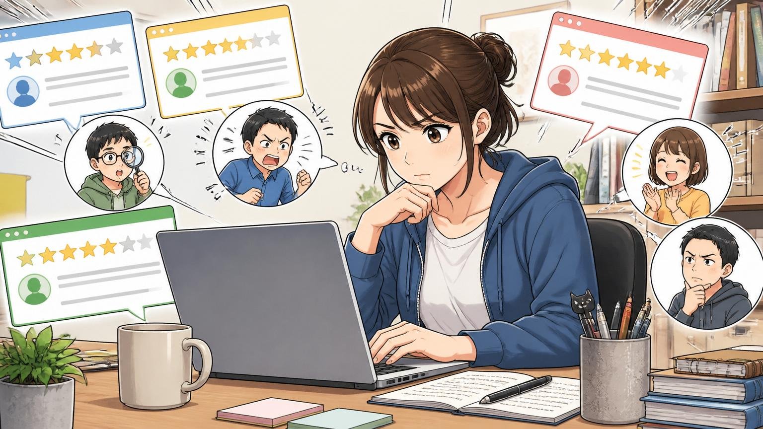 STEP1：公開情報と口コミを立場別に整理する、自宅のデスクで在宅勤務する30代女性エンジニア1人、ノートPCで口コミサイトを比較する真剣な表情