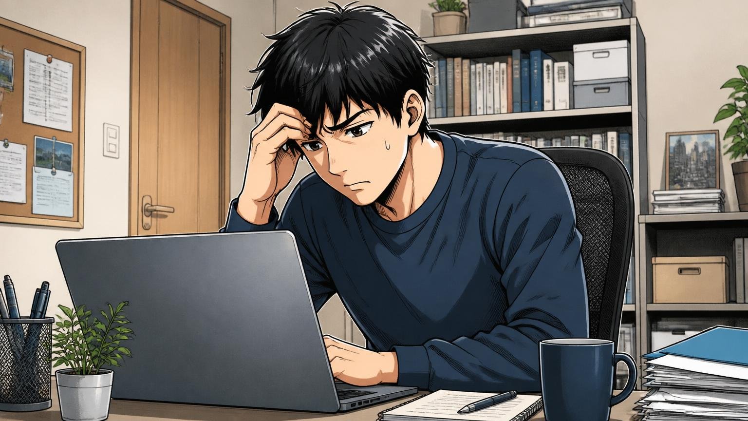 一人で決めると後悔しやすい｜自宅のデスクで在宅勤務する若手男性が画面を見ながら独りで悩み込む暗い表情