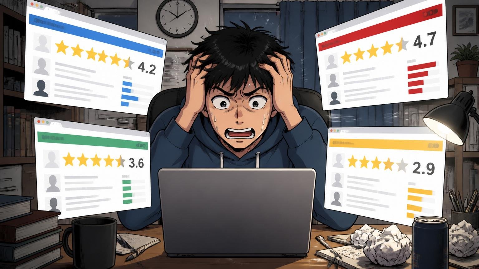 口コミサイトのスコアの限界を表す自宅のデスクで深夜にノートPCで複数の口コミサイトを切り替えながら頭を抱える30代エンジニア1名の様子