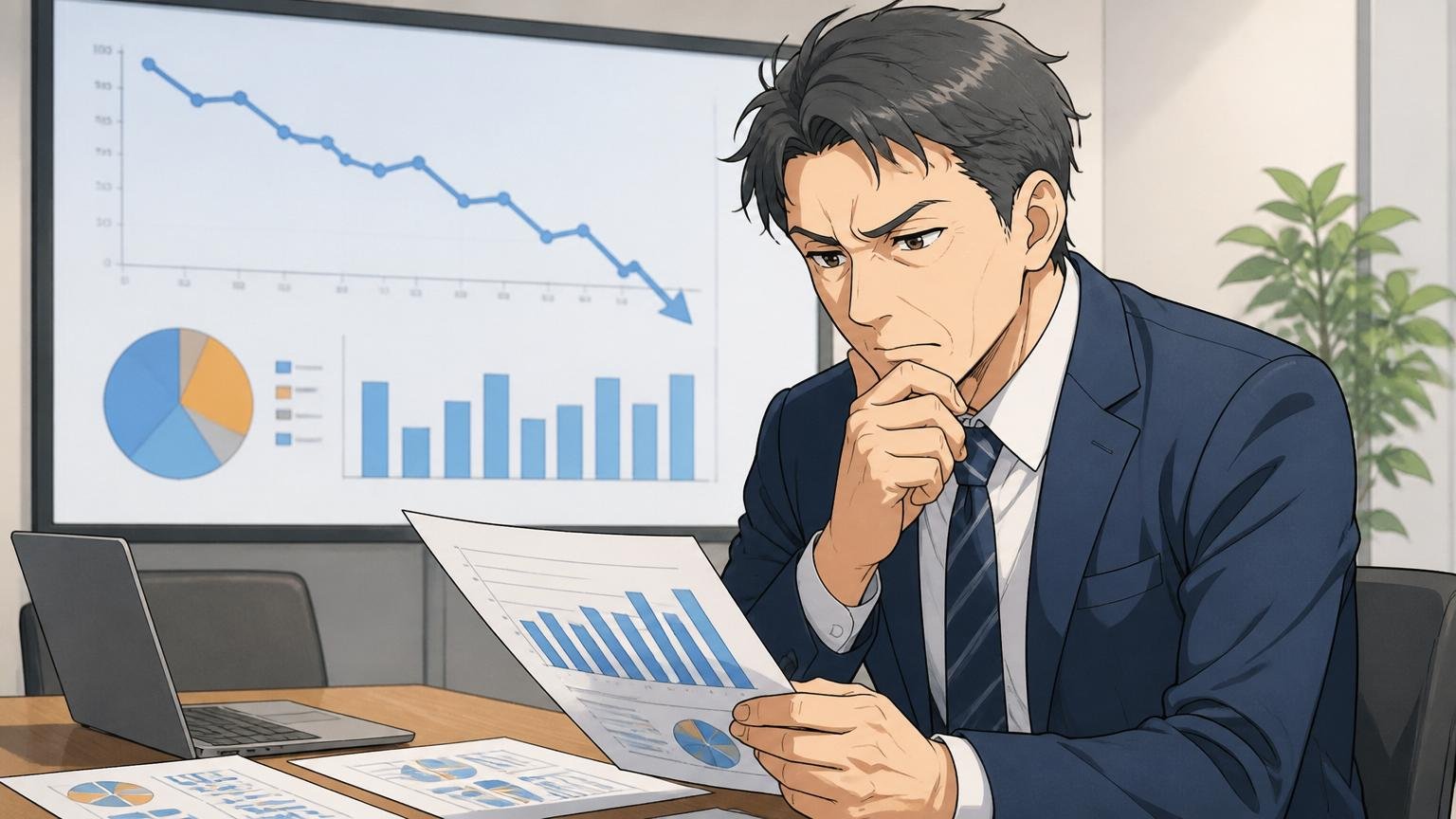 企業の会議室で離職率データを議論する人事担当40代男性1名、慎重な表情