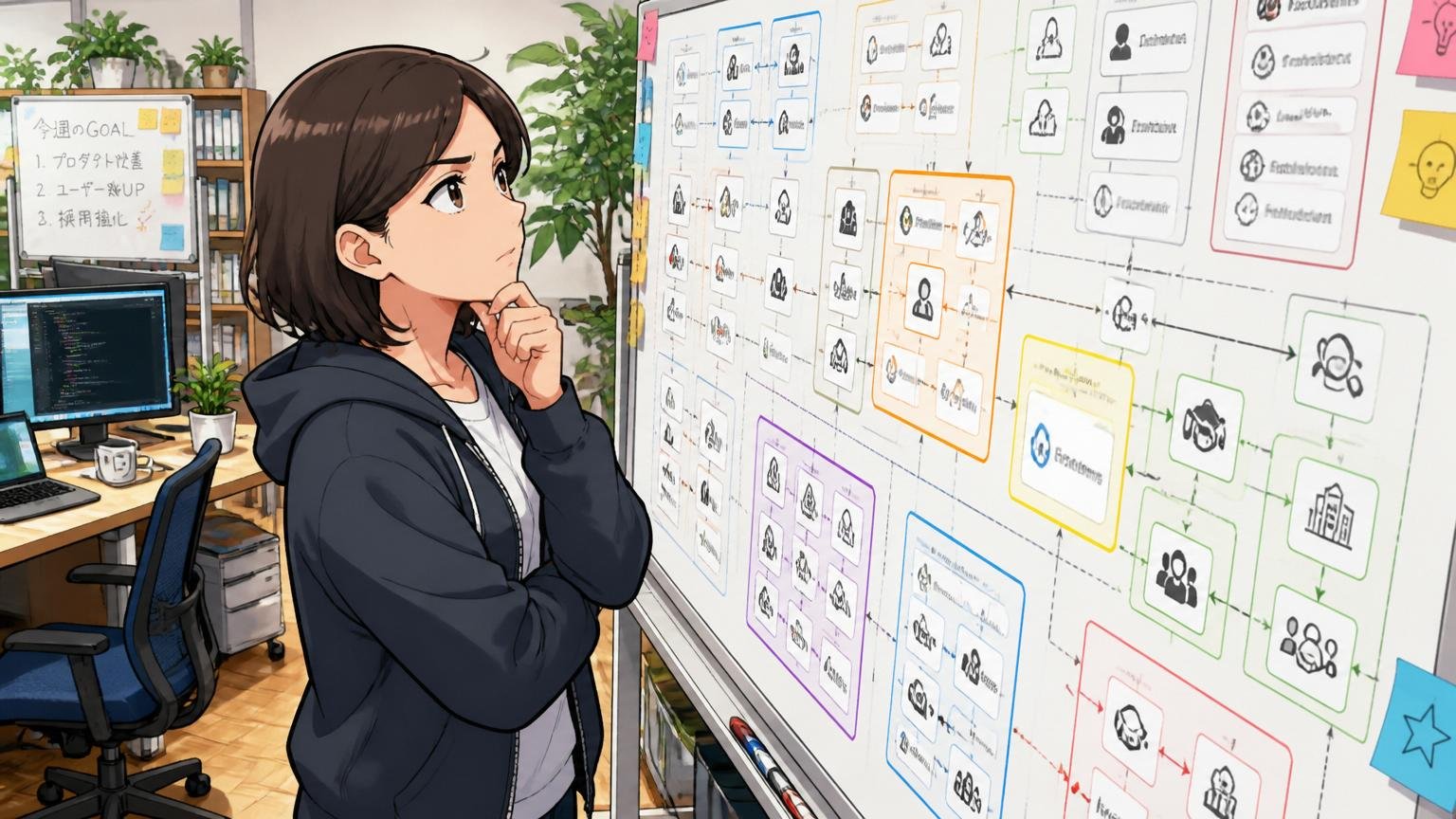 HRテック・SaaS業界の主要プレイヤー。Web系スタートアップのオフィスで30代女性エンジニア1人が、業界マップを俯瞰する表情