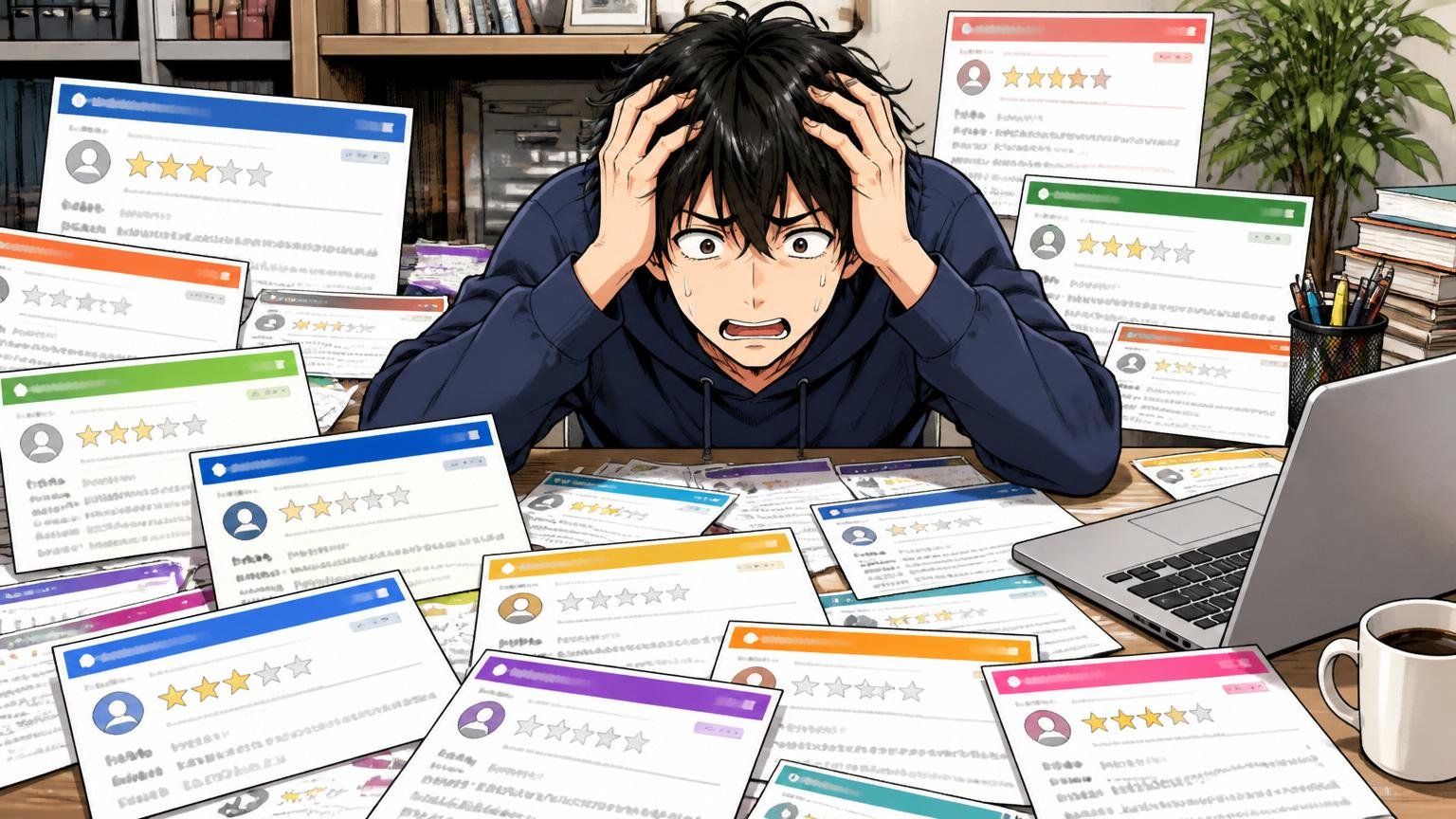 一社だけの口コミで判断するのが危険な理由 自宅の机に大量の口コミサイトのスクショを並べて疲れた表情を見せるエンジニア