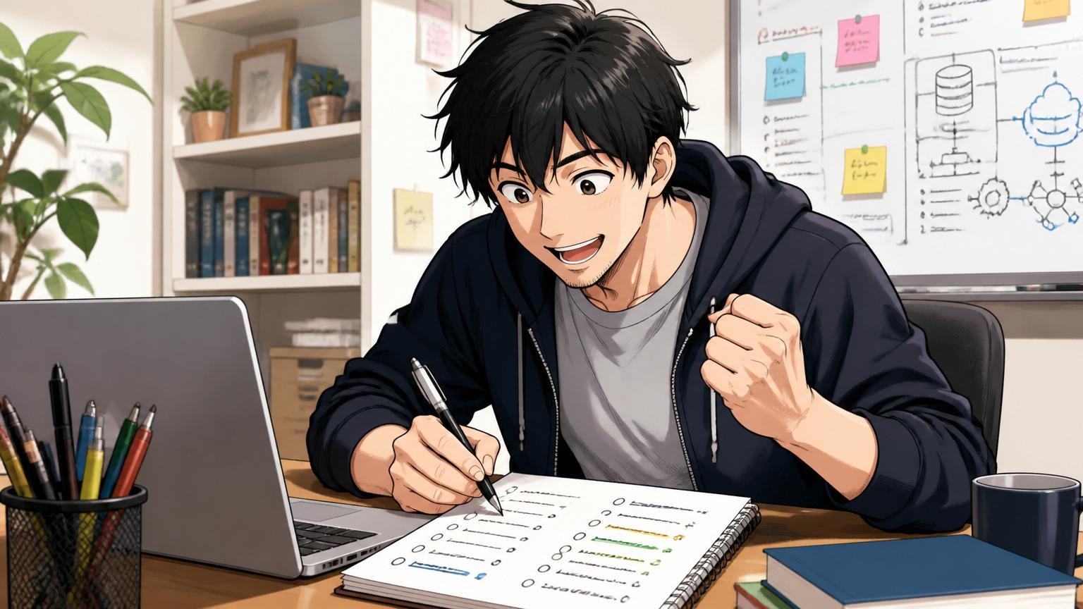 自宅のデスクで30代男性エンジニアが自分の経験を箇条書きで整理してスキル一覧を作成する