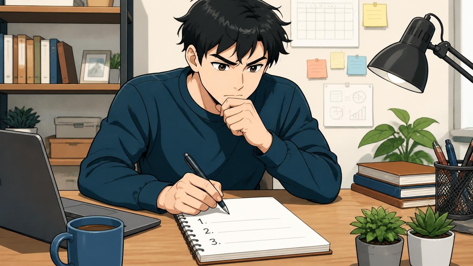 自宅のデスクでノートにキャリア軸の3行を書き出して整理する20代後半のエンジニア1人