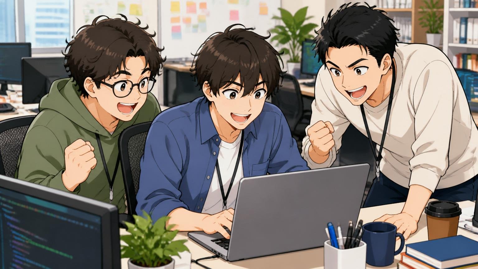 Web系スタートアップのオフィスで前向きに業務に取り組む20代エンジニア3人のシーン
