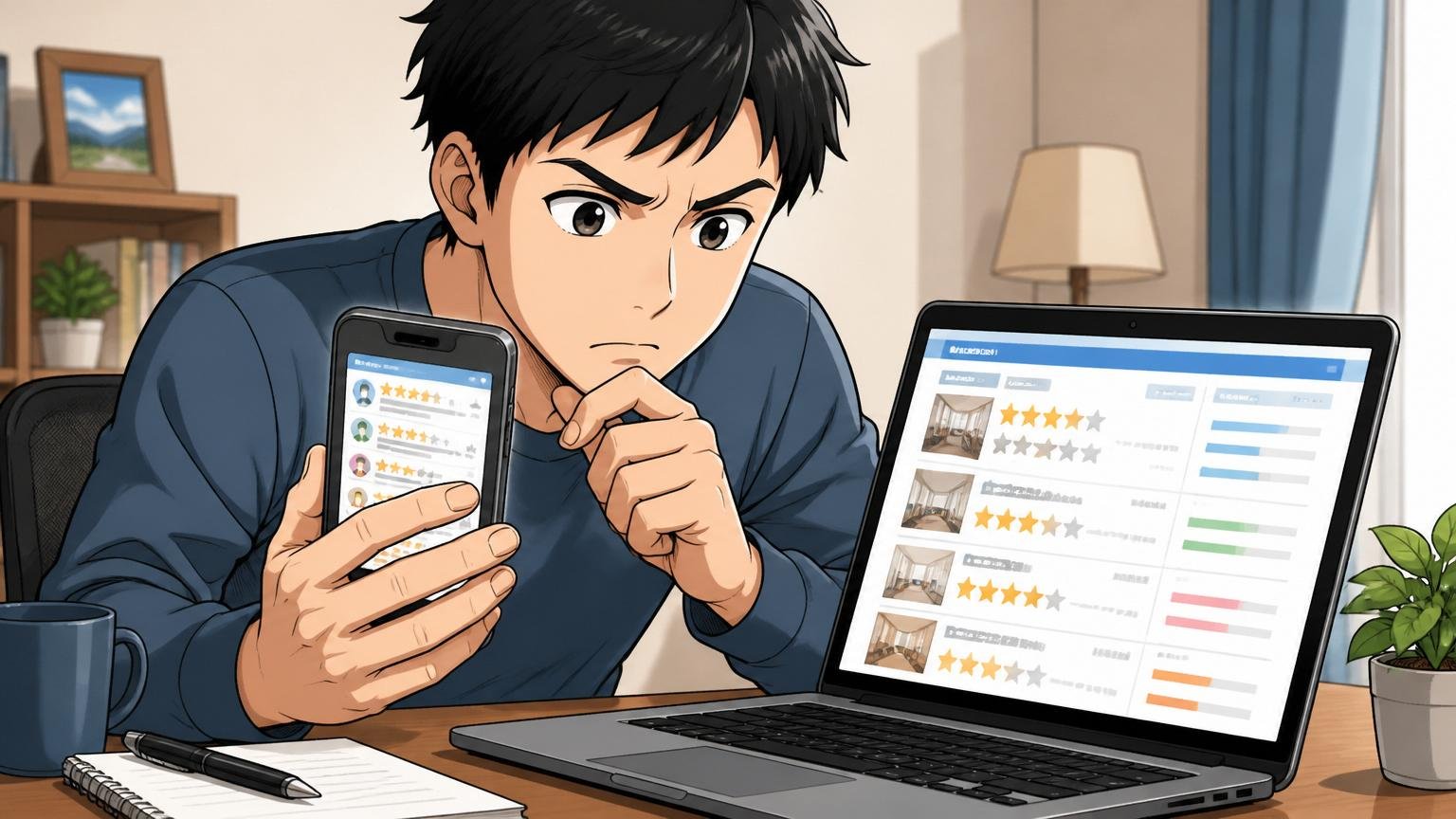 自宅デスクでスマートフォンとノートパソコンを並べ口コミサイトを比較する1人の社会人の真剣な表情