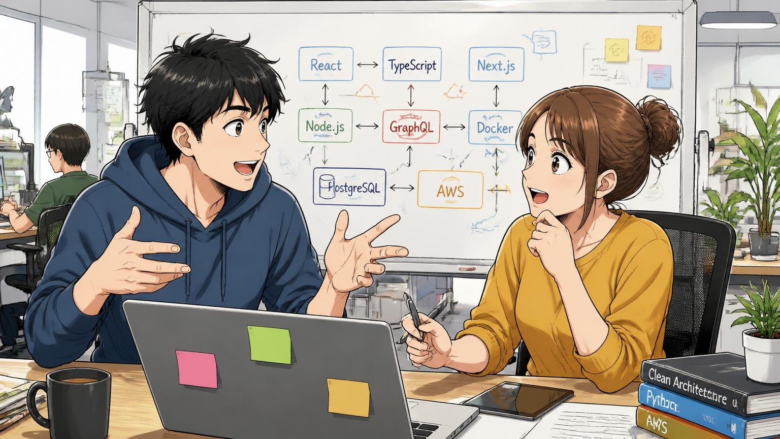なぜIT特化型エージェントなのか — 総合型との違い/Web系スタートアップのオフィスで男女エンジニア2人が技術スタックの話で会話