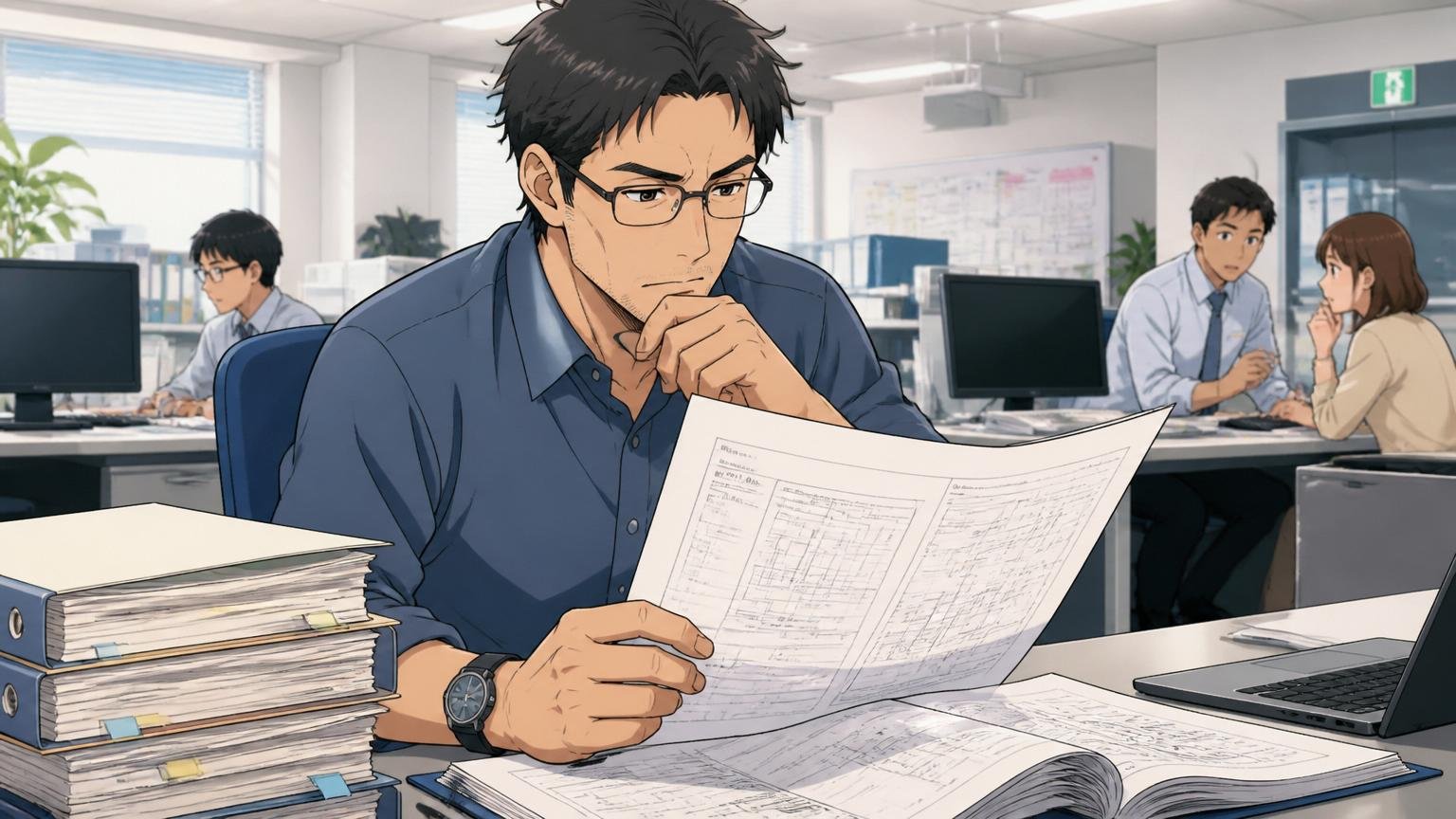 企業のオフィスで40代男性エンジニアが落ち着いた表情で長期プロジェクトの設計書を確認している