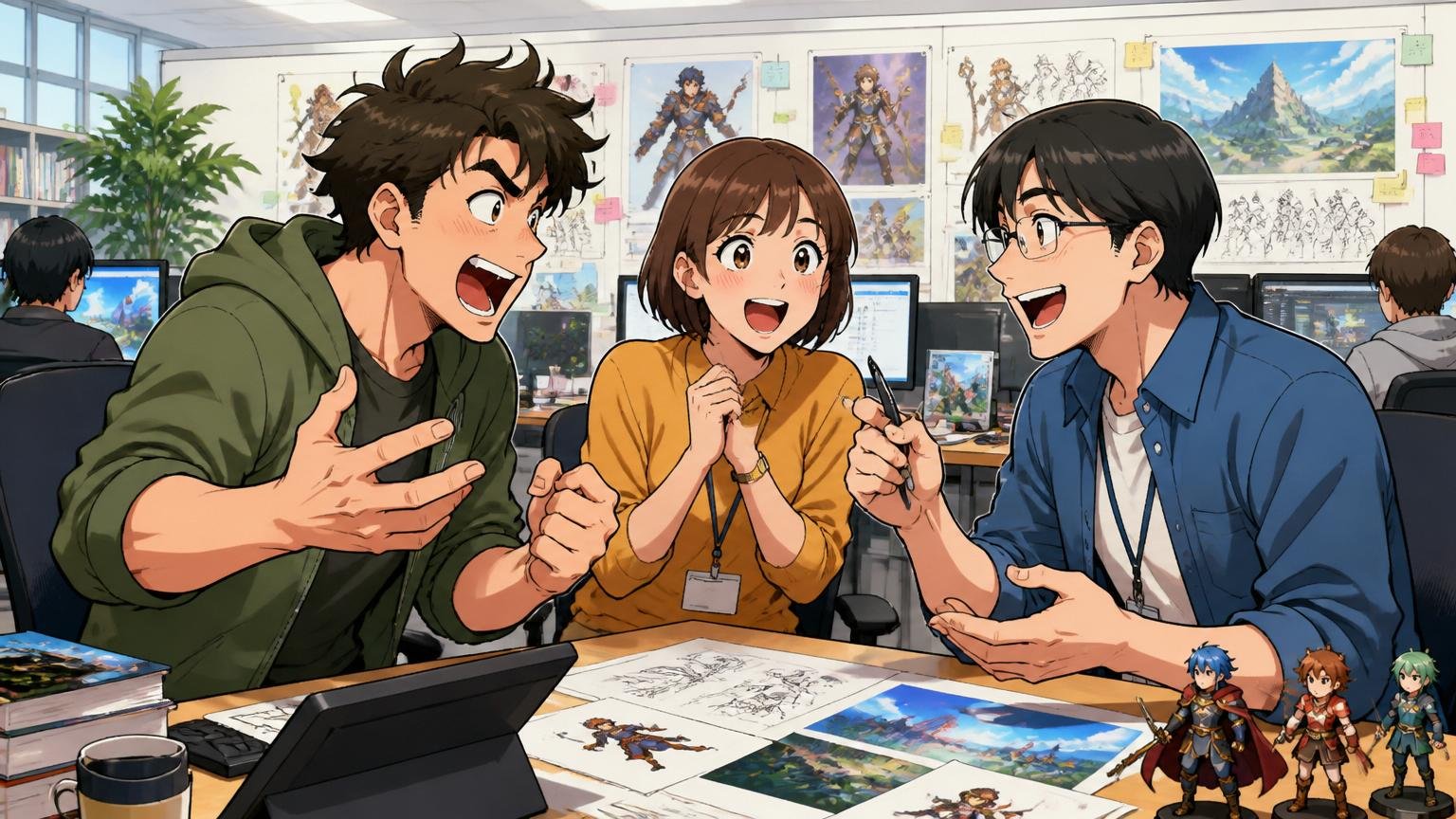 Web系ゲーム会社のオフィスで笑顔の男女エンジニア3人が熱量を持って自社IPの話で盛り上がっている