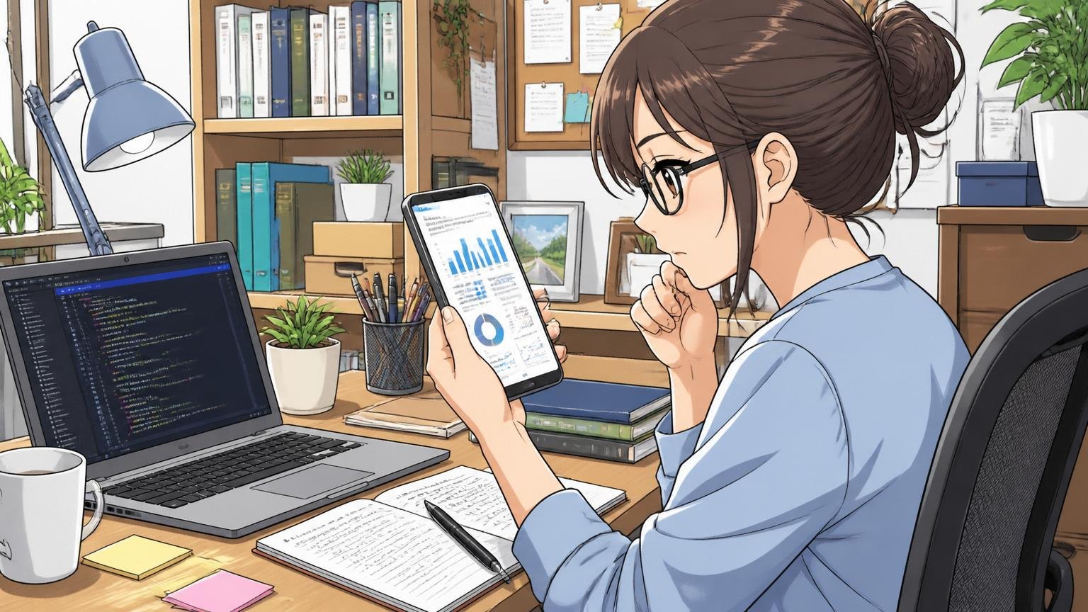 自宅のデスクで在宅勤務をしながら経済産業省のIT人材調査資料をスマホで読み込む30代女性エンジニア1人