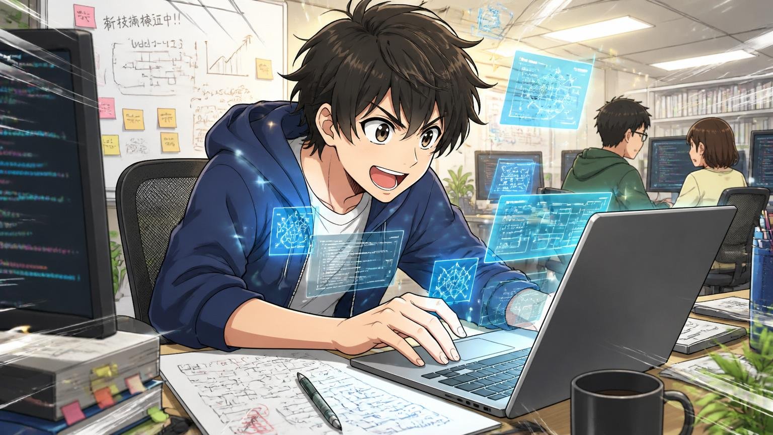 新しい技術検証に没頭して目を輝かせる、Web系スタートアップのオフィスで若手エンジニア1人