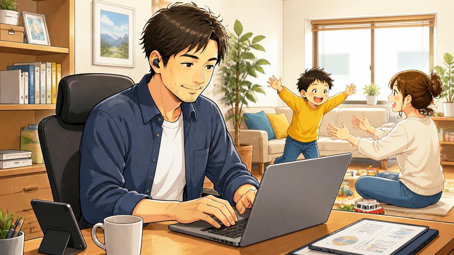 向いている人の特徴|自宅のデスクで在宅勤務しながら家族との時間を楽しむ30代男性エンジニア、穏やかな笑顔