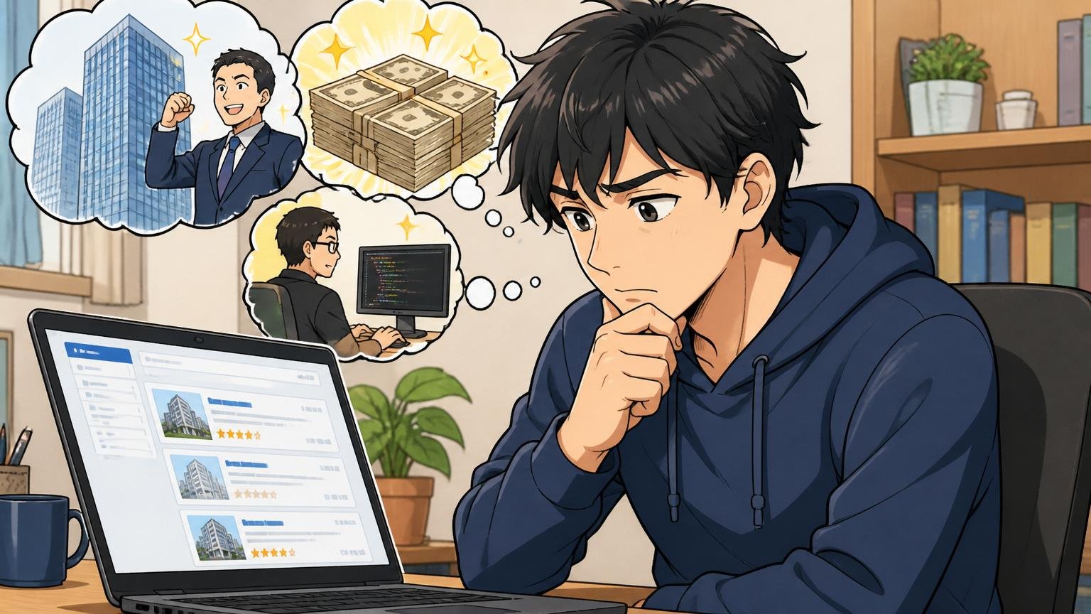 自分の年収・スキルが他社でどう評価されるかを考えるエンジニア、自宅のデスクで転職サイトを見る社員、社員1人、考え込む表情