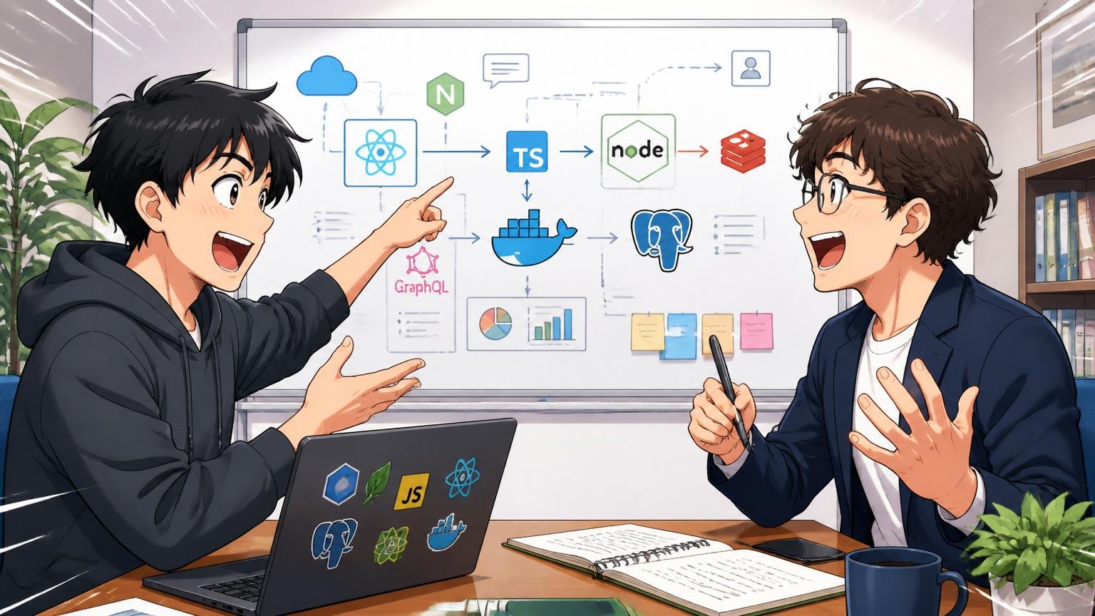 IT特化型エージェントを使う3つの実利。IT特化型エージェントの面談ルームで1人のエンジニアとキャリアアドバイザー1人が技術スタックの話で盛り上がる