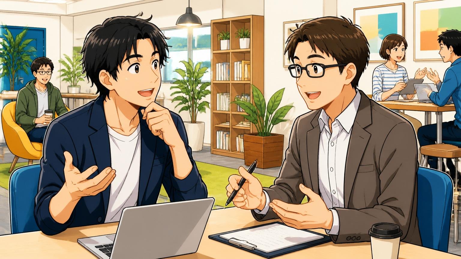Web系スタートアップのカジュアル面談スペースでITエンジニア経験者の30代男性と専門アドバイザーが向き合って和やかに話している