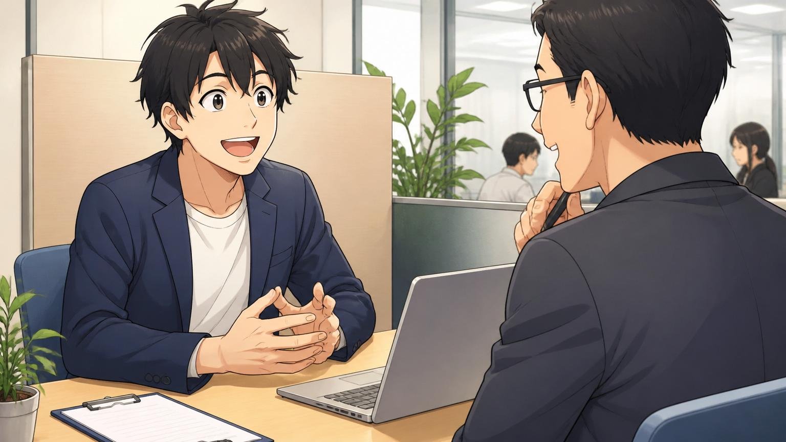 無料で市場価値を確かめる。面談ブースでITエンジニアの男性がアドバイザーに笑顔で相談する