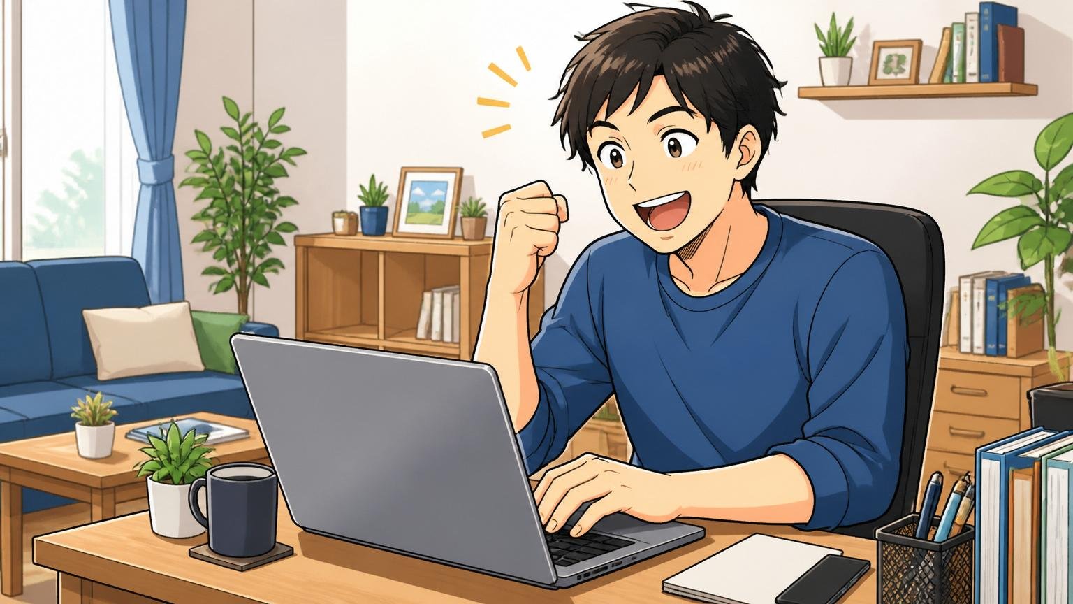 エクシオ・デジタルソリューションズが向いている人、自宅で在宅勤務する男性1人が安心して笑顔になる、リラックスした表情