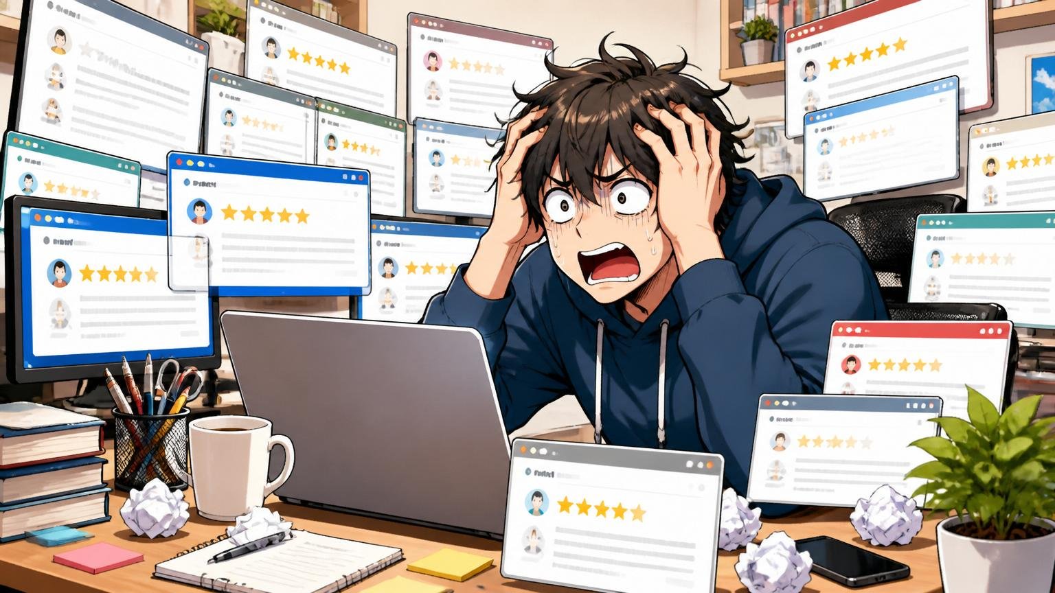 口コミだけでは判断できない、自宅のデスクで大量のレビューサイトを開き混乱する在宅勤務のエンジニア