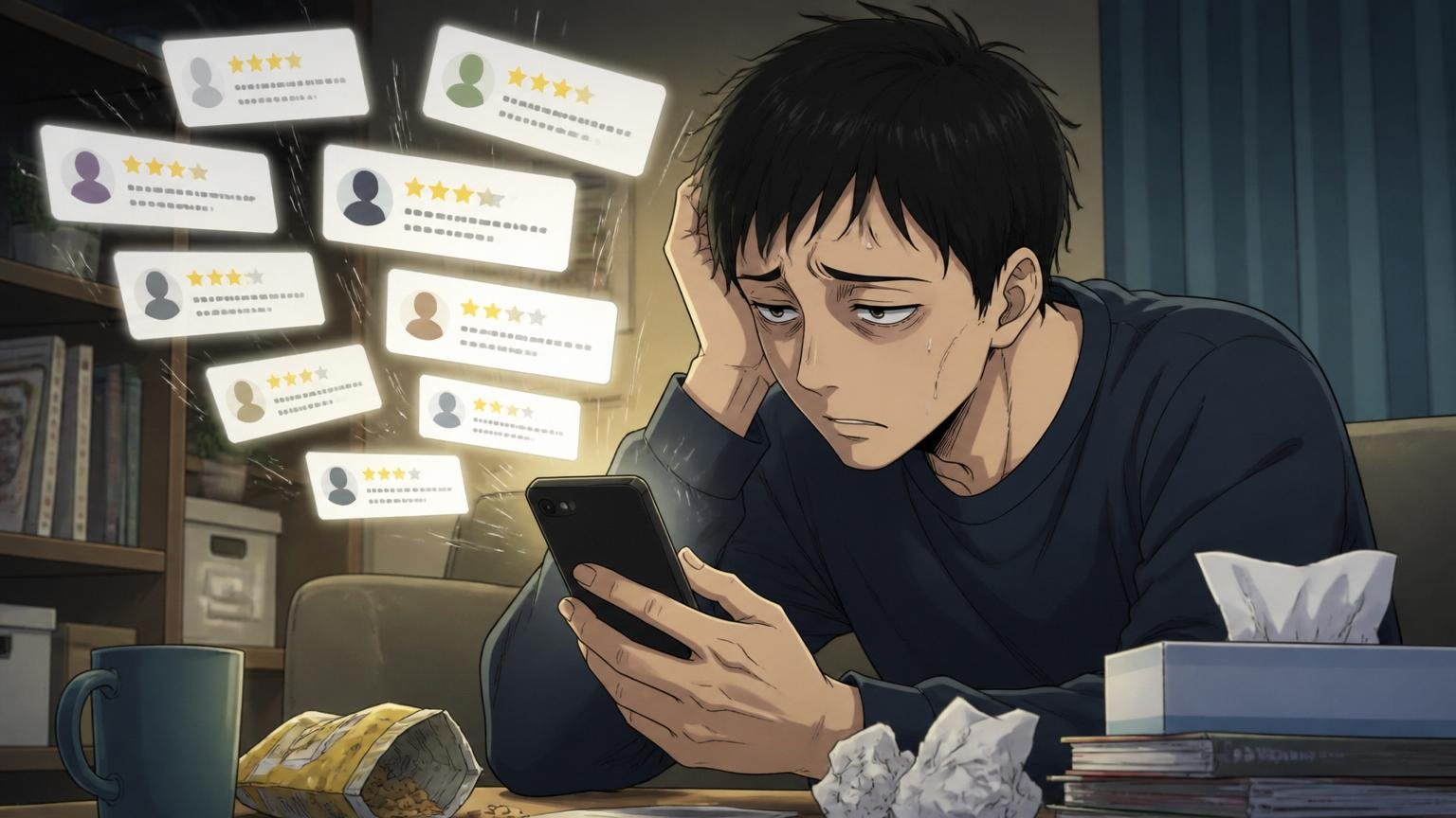 ネット検索だけの危険性。深夜の自宅でスマホの口コミを延々スクロールする30代男性が1人疲れた表情