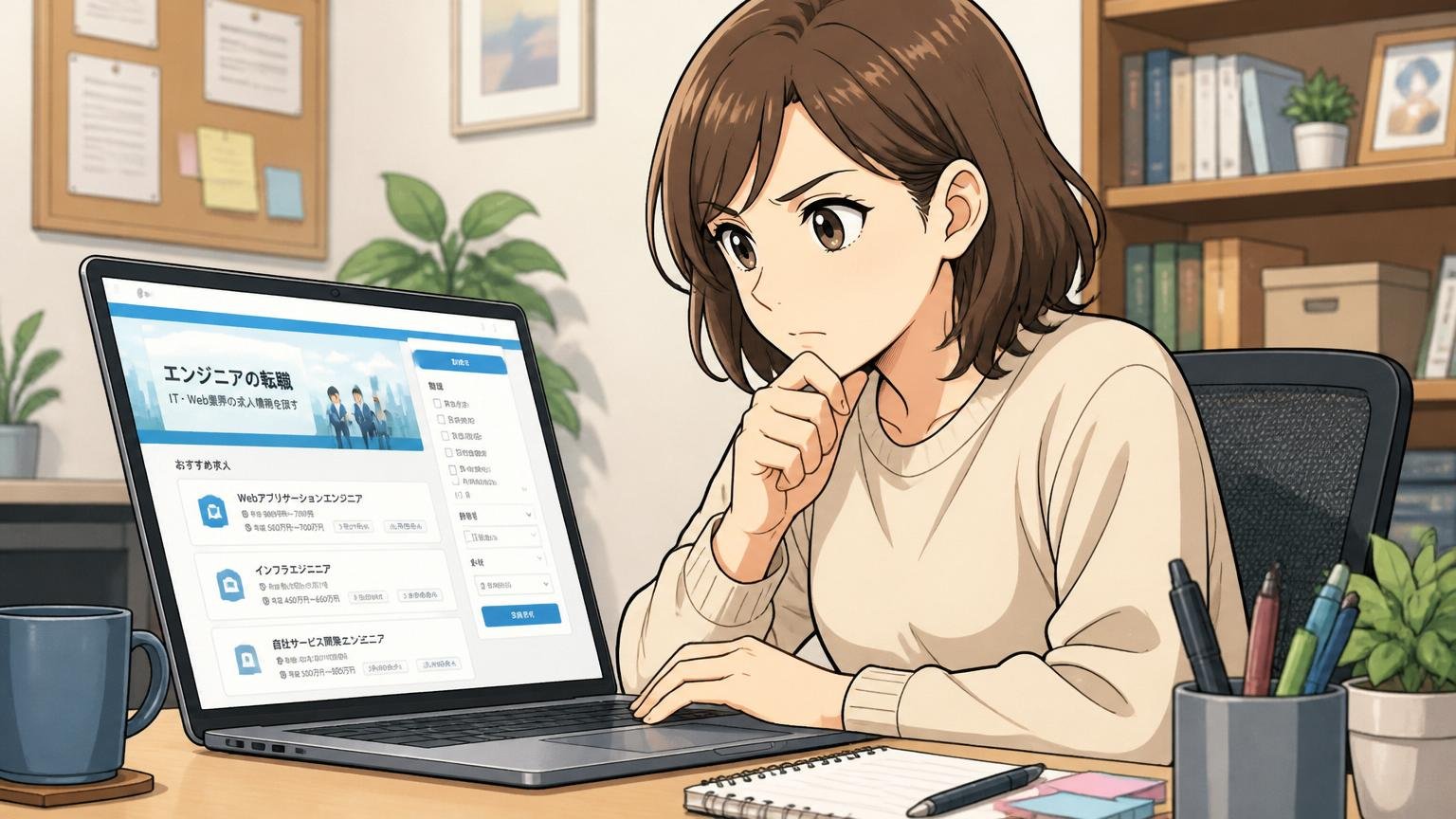 自宅のデスクで転職サイトを開いて検討する30代女性エンジニア1名