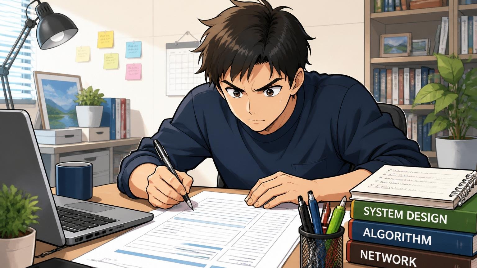 応募前にやる3つの準備/自宅デスクで職務経歴書を書き込む集中した表情のエンジニア