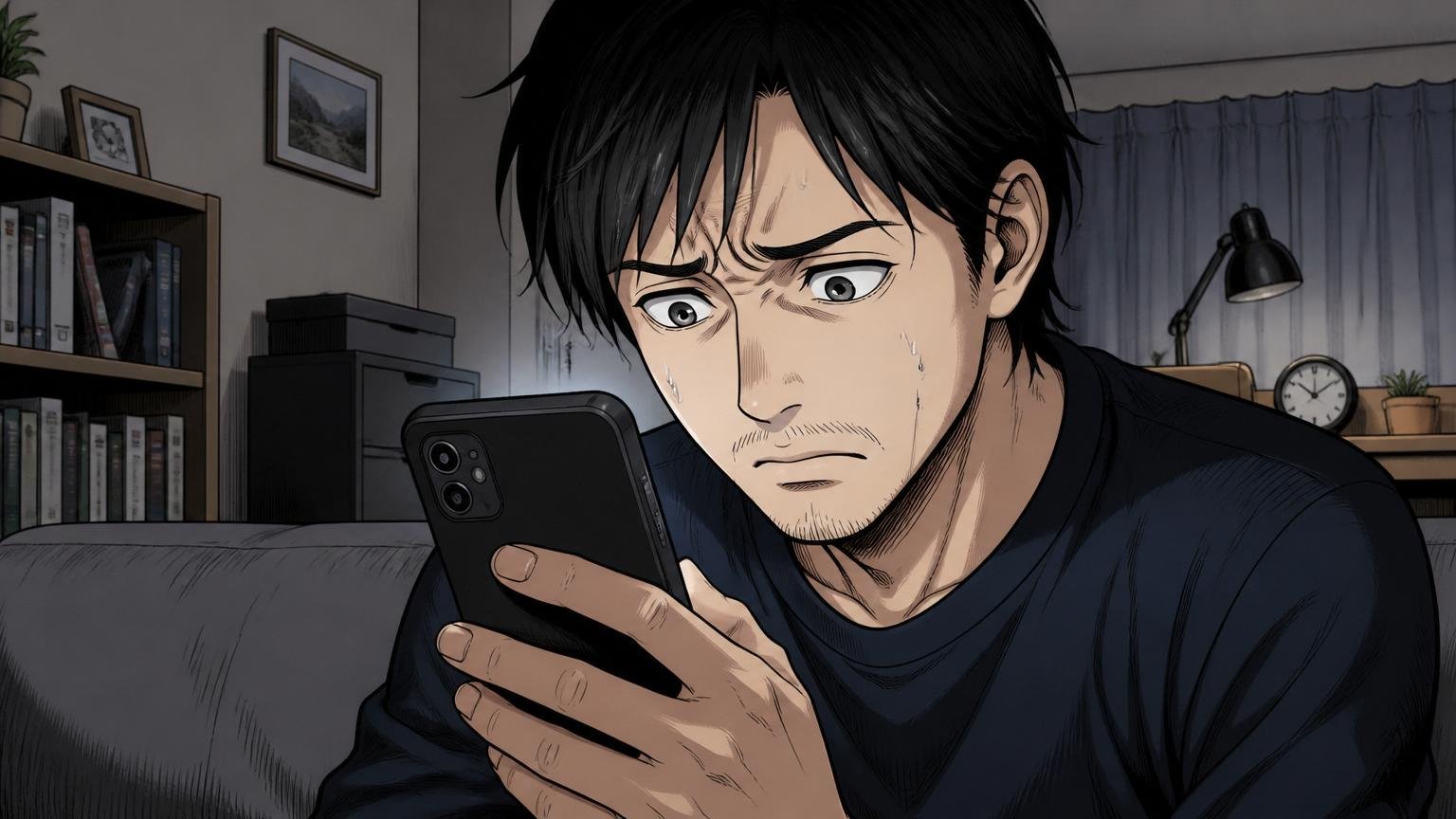 自宅の暗い部屋でスマホの口コミサイトを見て一人で不安そうに眉をひそめる30代の人物