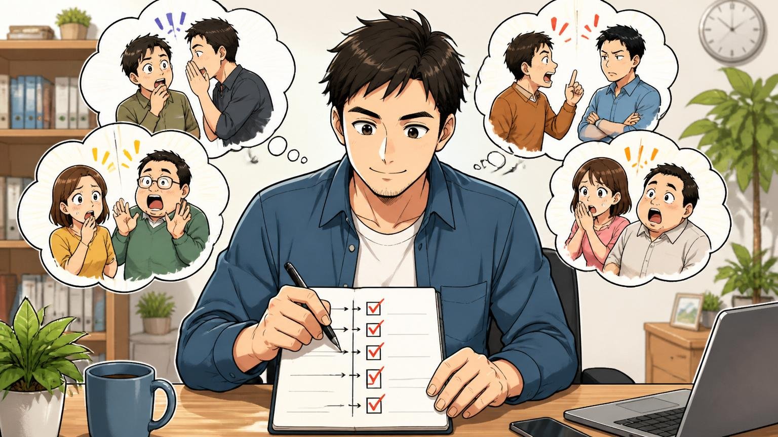 噂に振り回されない4ステップ。自宅のデスクで計画ノートにチェックを入れる30代男性