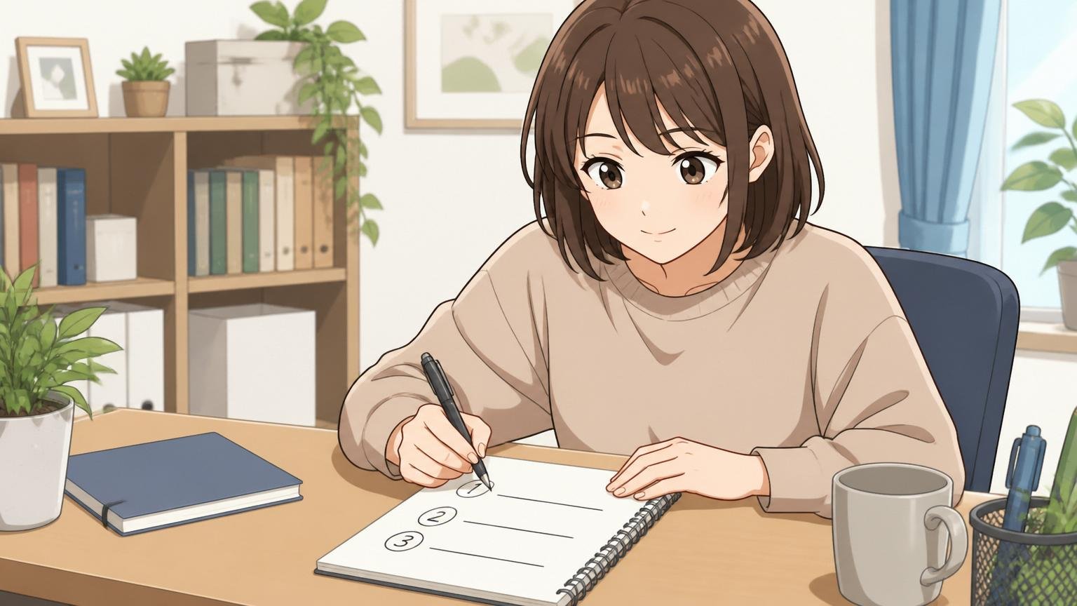 3ステップで整理する。自宅のデスクで30代女性がノートに判断ステップを書き出し落ち着いた表情