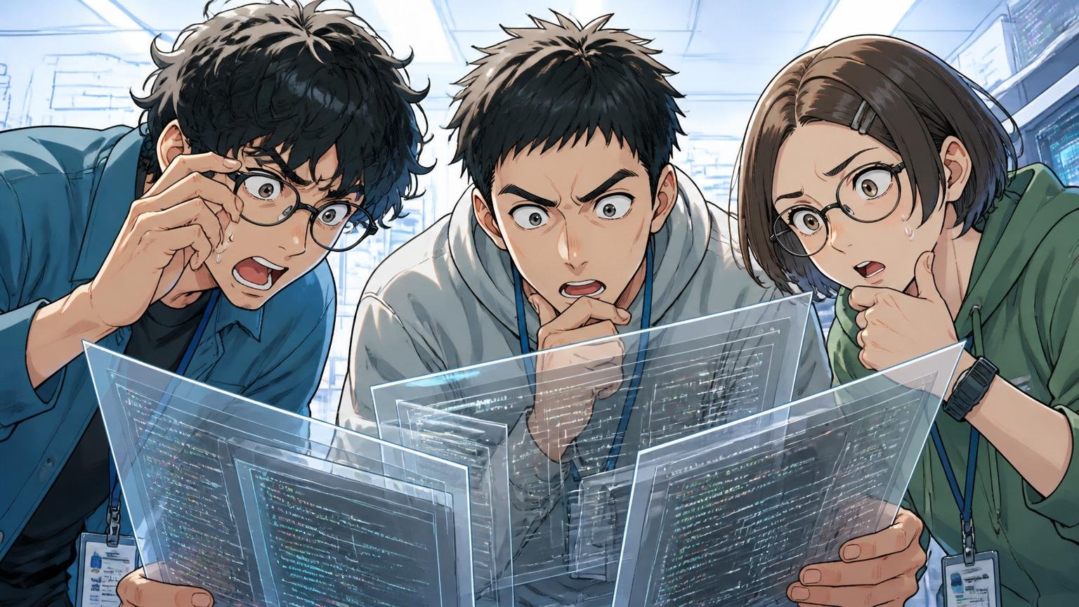 複数の透明な書類を覗き込み内側にある未公開情報を探そうとする3人のエンジニア