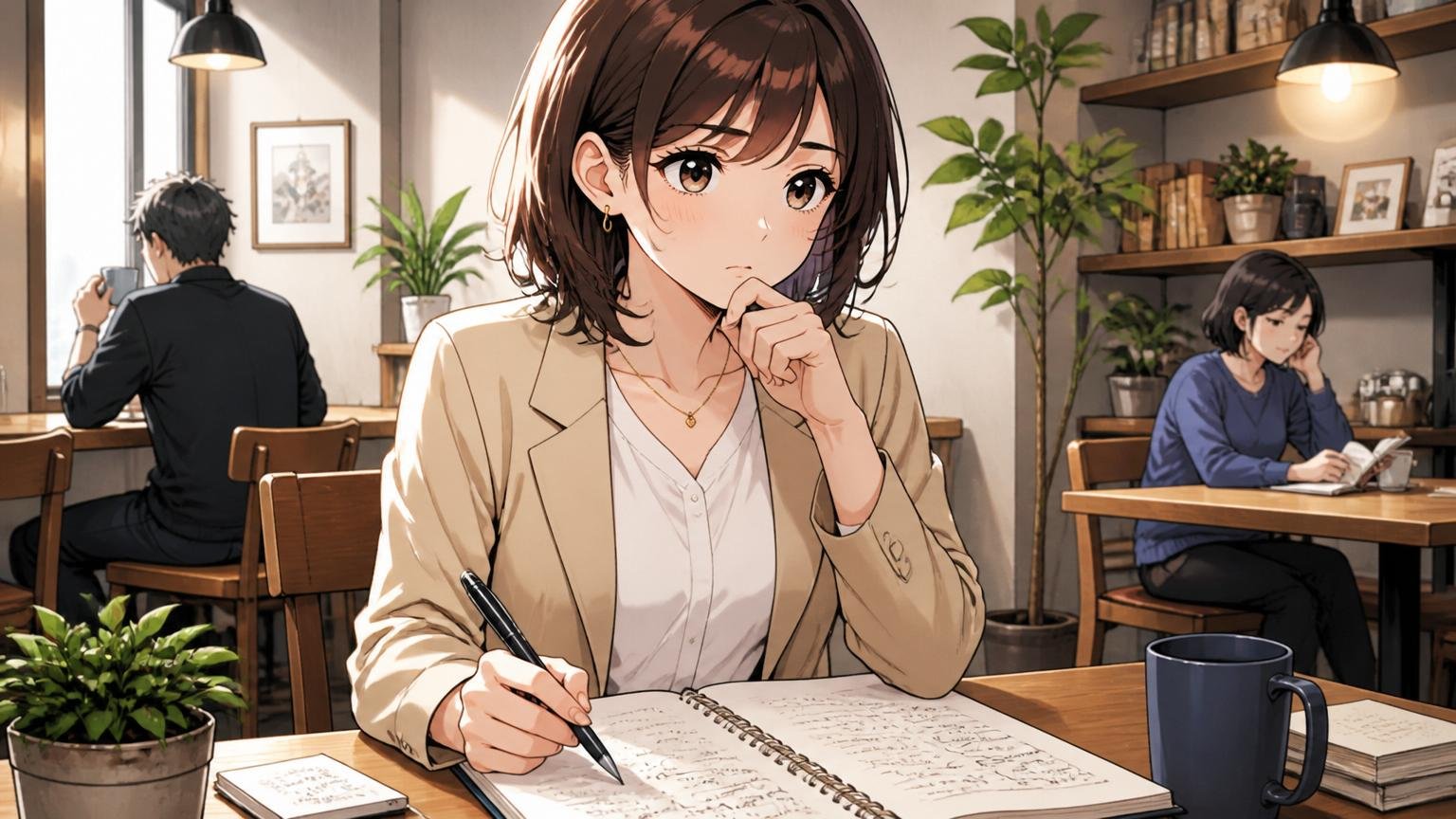 自分の判定軸を考える転職検討者 落ち着いたカフェのような空間 30代女性1人がノートを見ながら考え込む