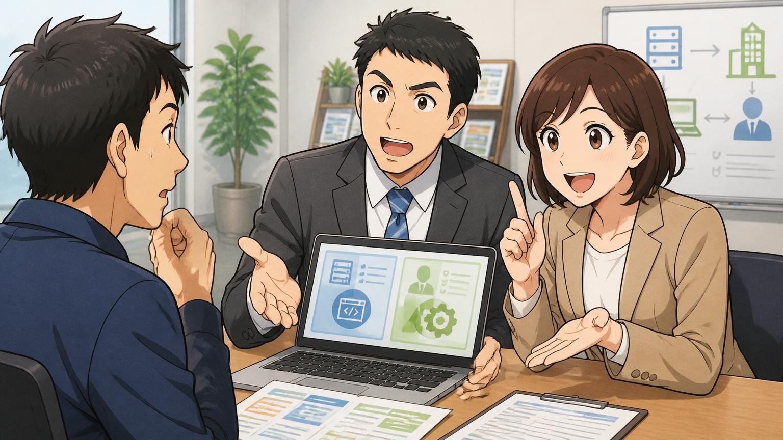 総合型よりIT特化型が業務系SE経験者に向く理由 転職エージェントのオフィスで2人のキャリアアドバイザーがエンジニアと話す