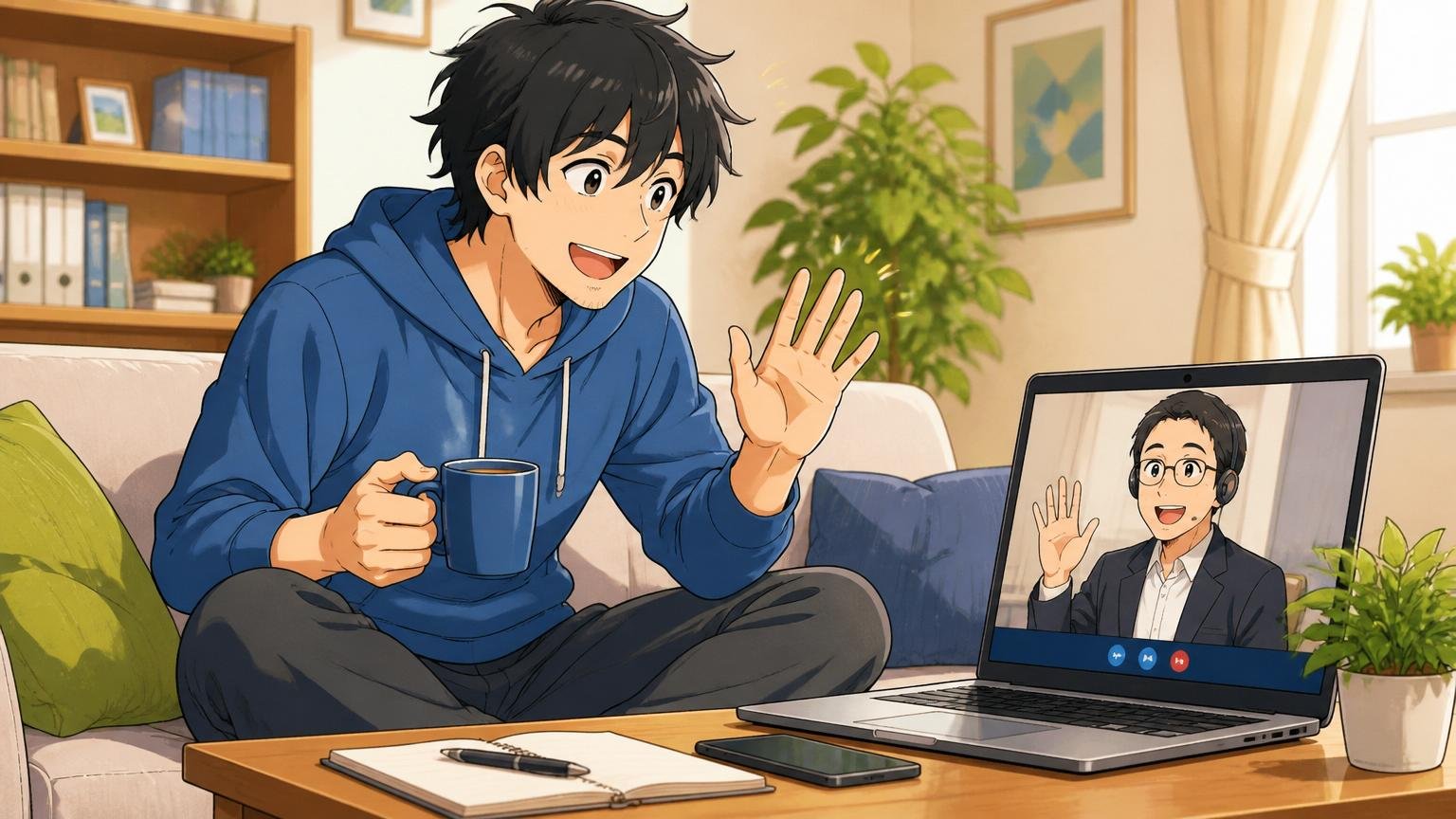自宅のリビングのソファで転職エージェントとオンラインのカジュアル面談を受けるリラックスした様子の中堅エンジニア