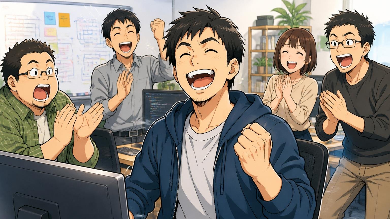 Web系スタートアップのオフィスで成果を出して達成感のある笑顔を見せる30代エンジニアと拍手するチームメンバー