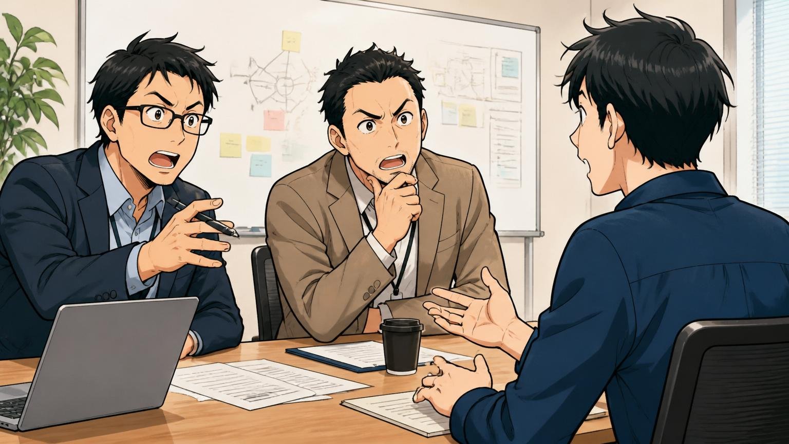 採用選考で重視される「カルチャーマッチ」とは。企業の会議室で面接する30代男性エンジニアと2名の面接官が真剣に対話する