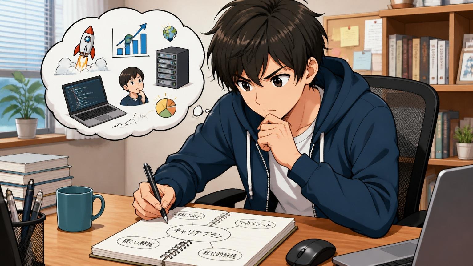 STEP1:自分のキャリア軸を言語化する。自宅のデスクでノートにキャリアプランを書き出すエンジニアの真剣な表情