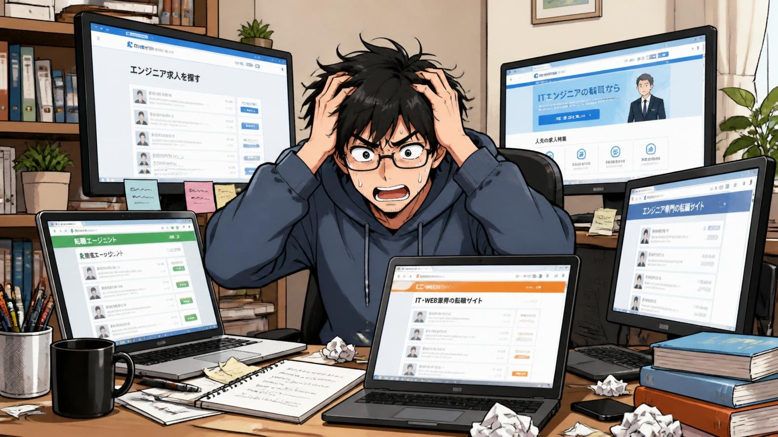 複数の転職サイトを開きすぎて疲れたエンジニア。自宅のデスクで在宅勤務、30代男性1人がモニター前で頭を抱える