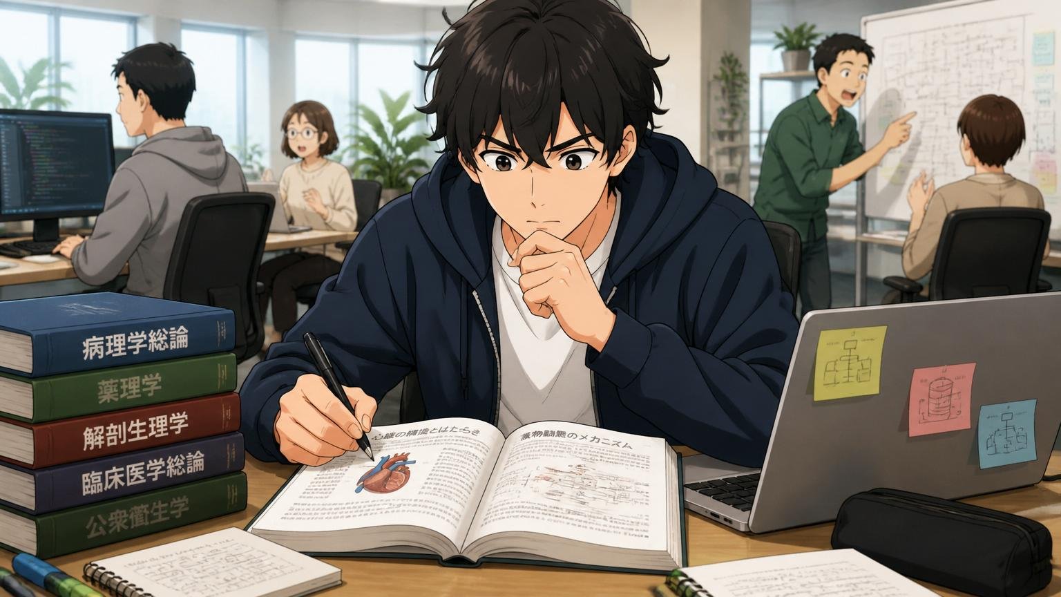 Web系スタートアップのオフィスで医療系の専門書とPCを並べて学ぶ20代男性エンジニア