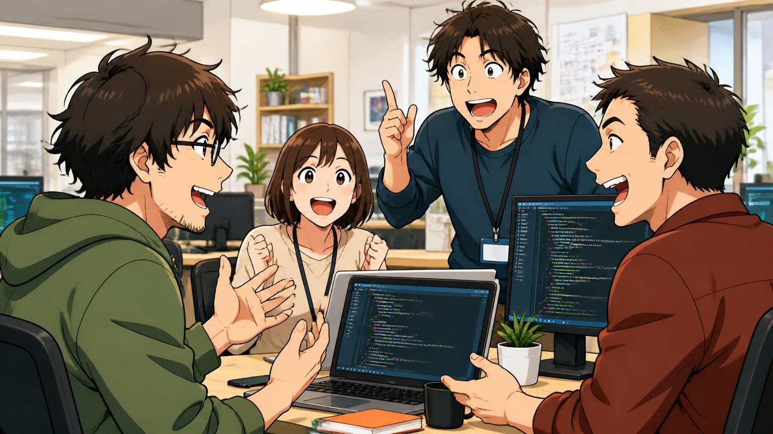 Web系IT企業のオフィスで楽しそうに会話する30代男女エンジニア4人