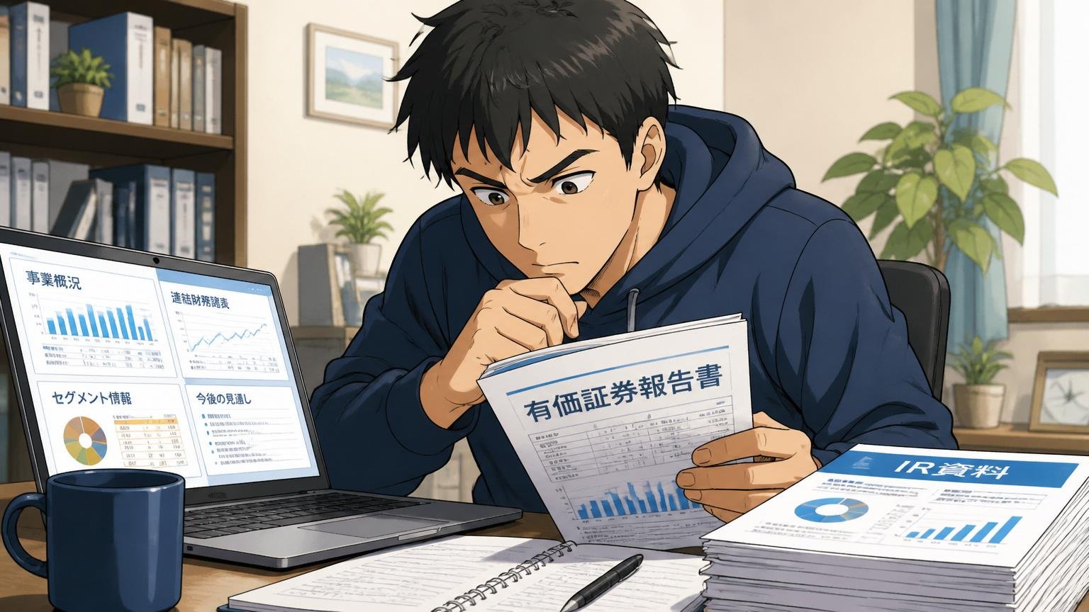 自宅のデスクで企業の有価証券報告書とIR資料をPCで確認するエンジニアの真剣な表情