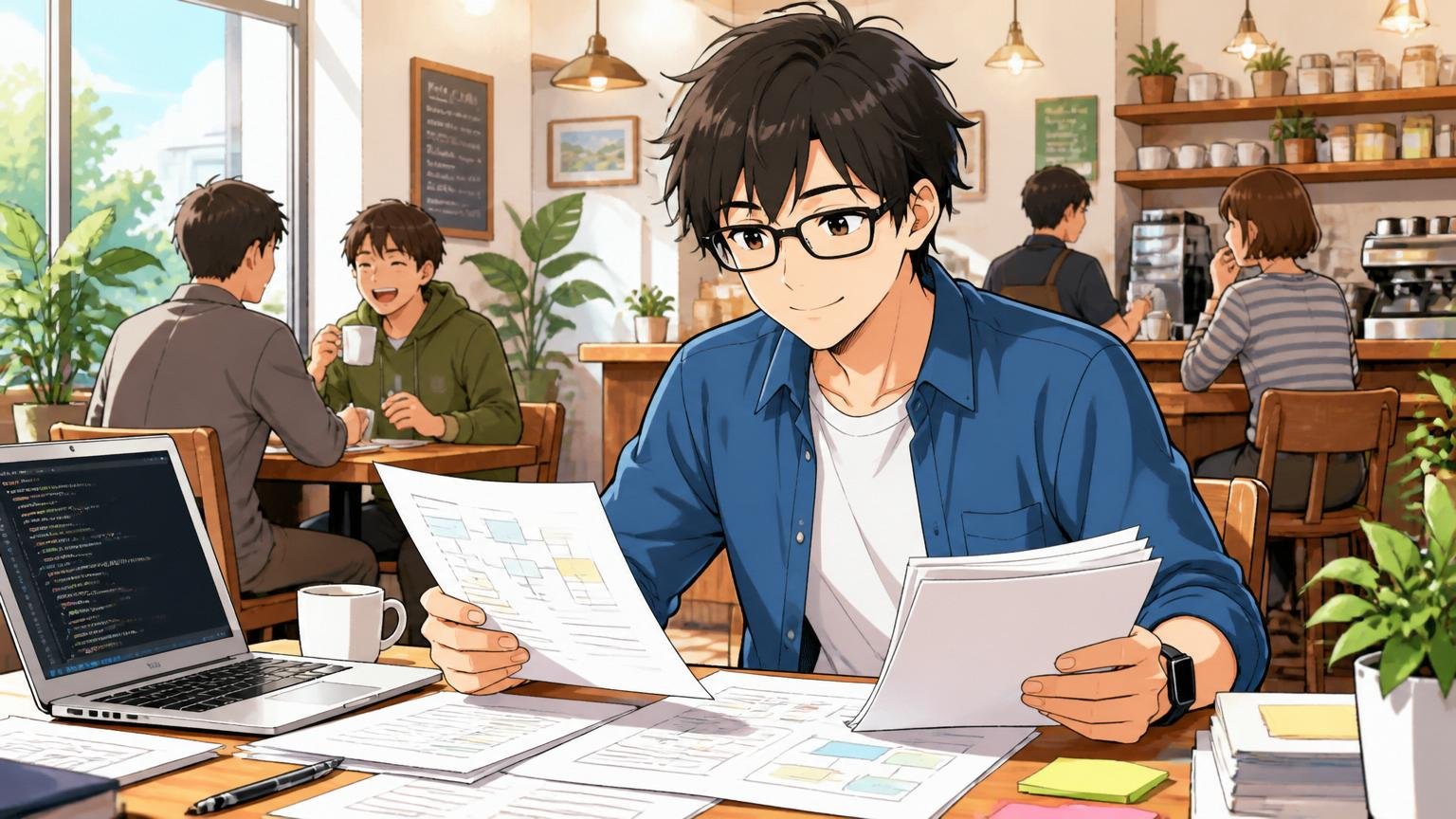 明るいカフェのテーブルで穏やかな表情で資料を整理する30代エンジニア1人・整理がついた表情