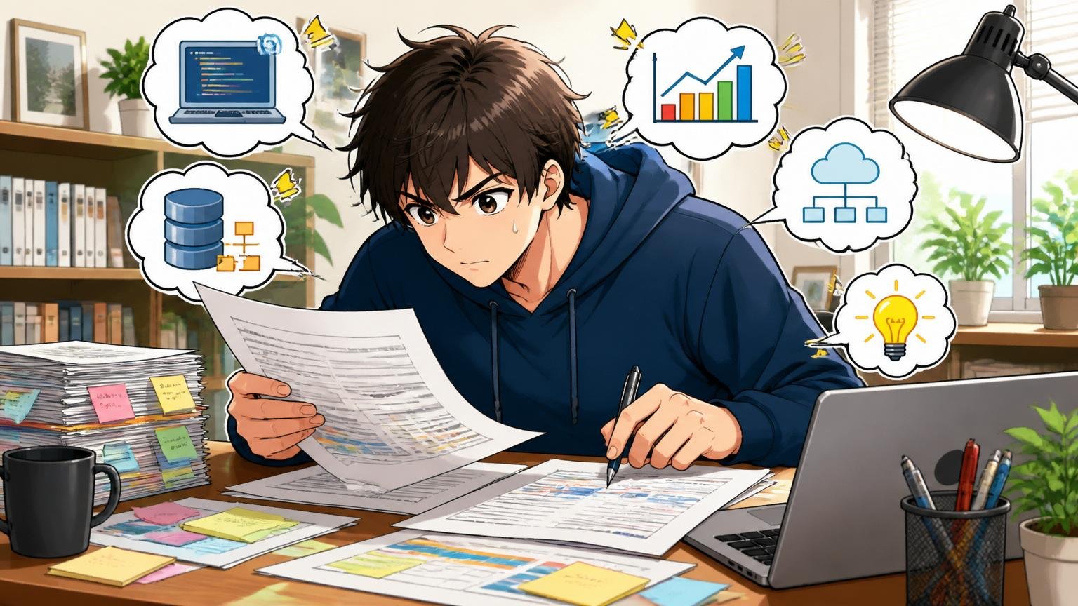 ステップ①自分の市場価値を客観的に把握する。場所=自宅のデスクで在宅勤務。登場人物=1人のエンジニア。動作=書類を整理しながら自分のスキルを棚卸し