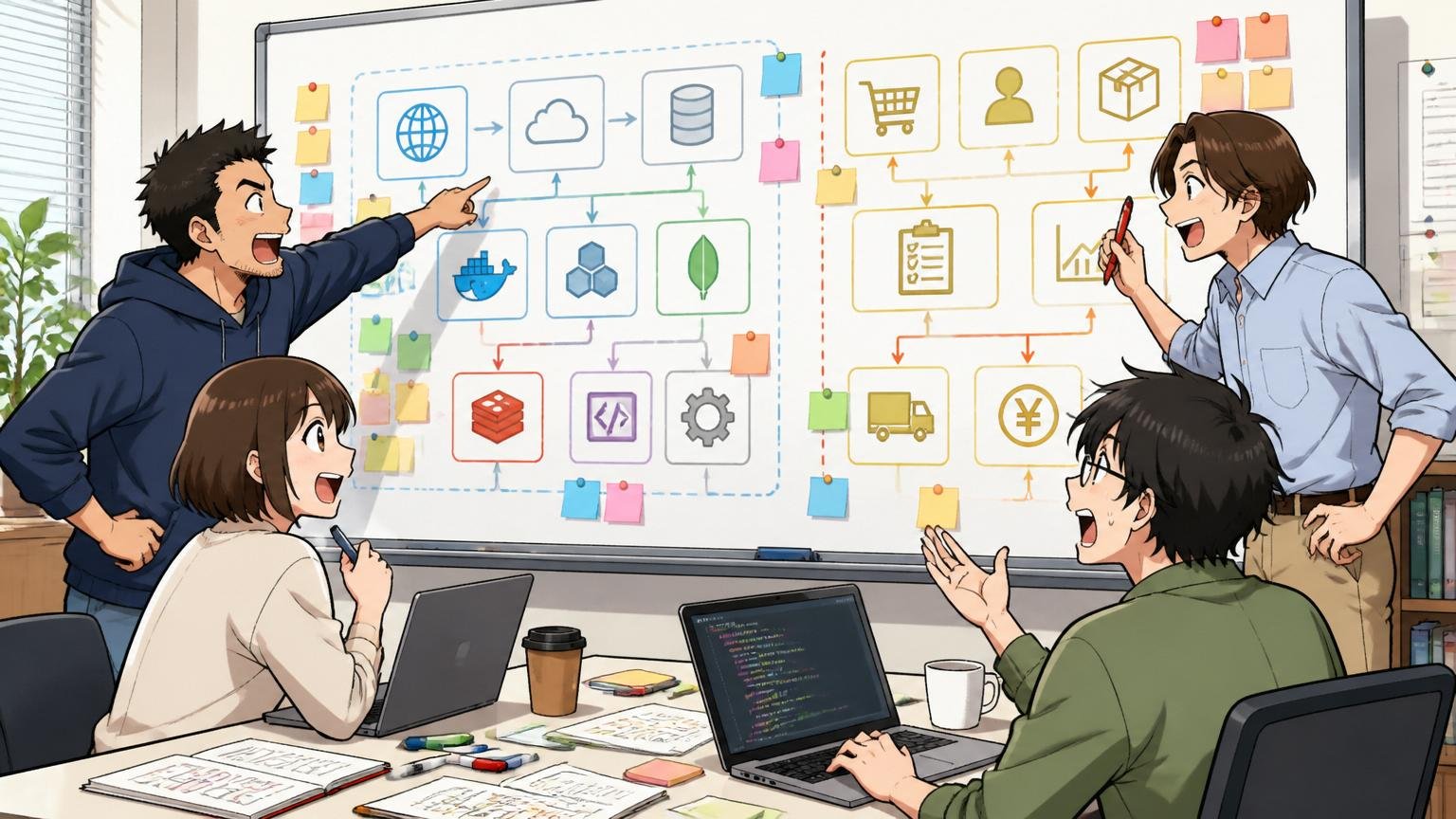 企業の会議室でホワイトボードに技術スタックと業務知識を書き出して整理するエンジニア複数名の構図