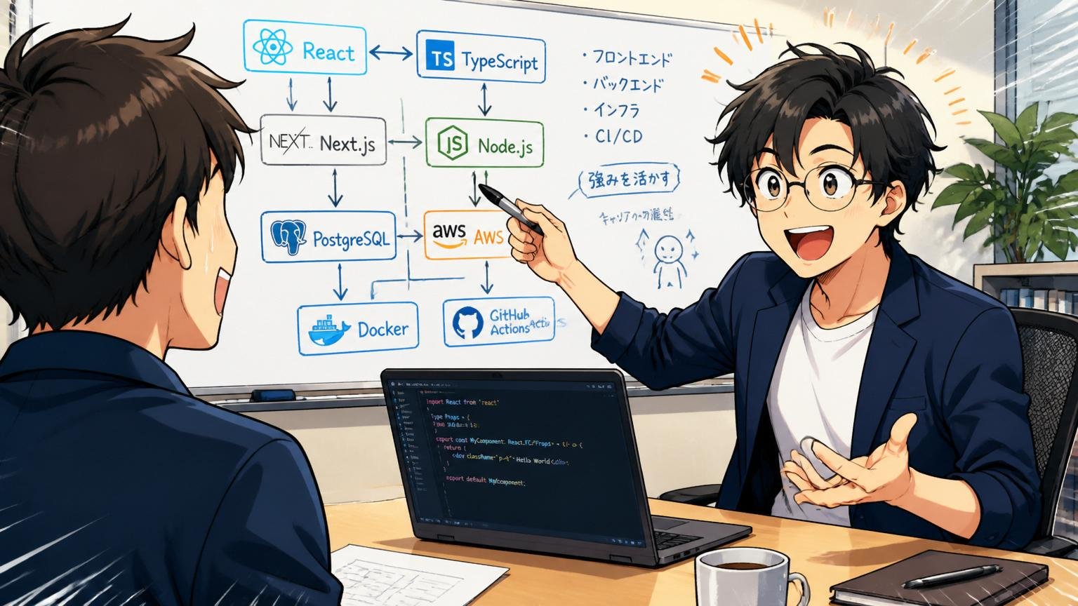 企業の会議室でエンジニア出身のキャリアアドバイザーが技術スタックを深く理解して相談に乗る