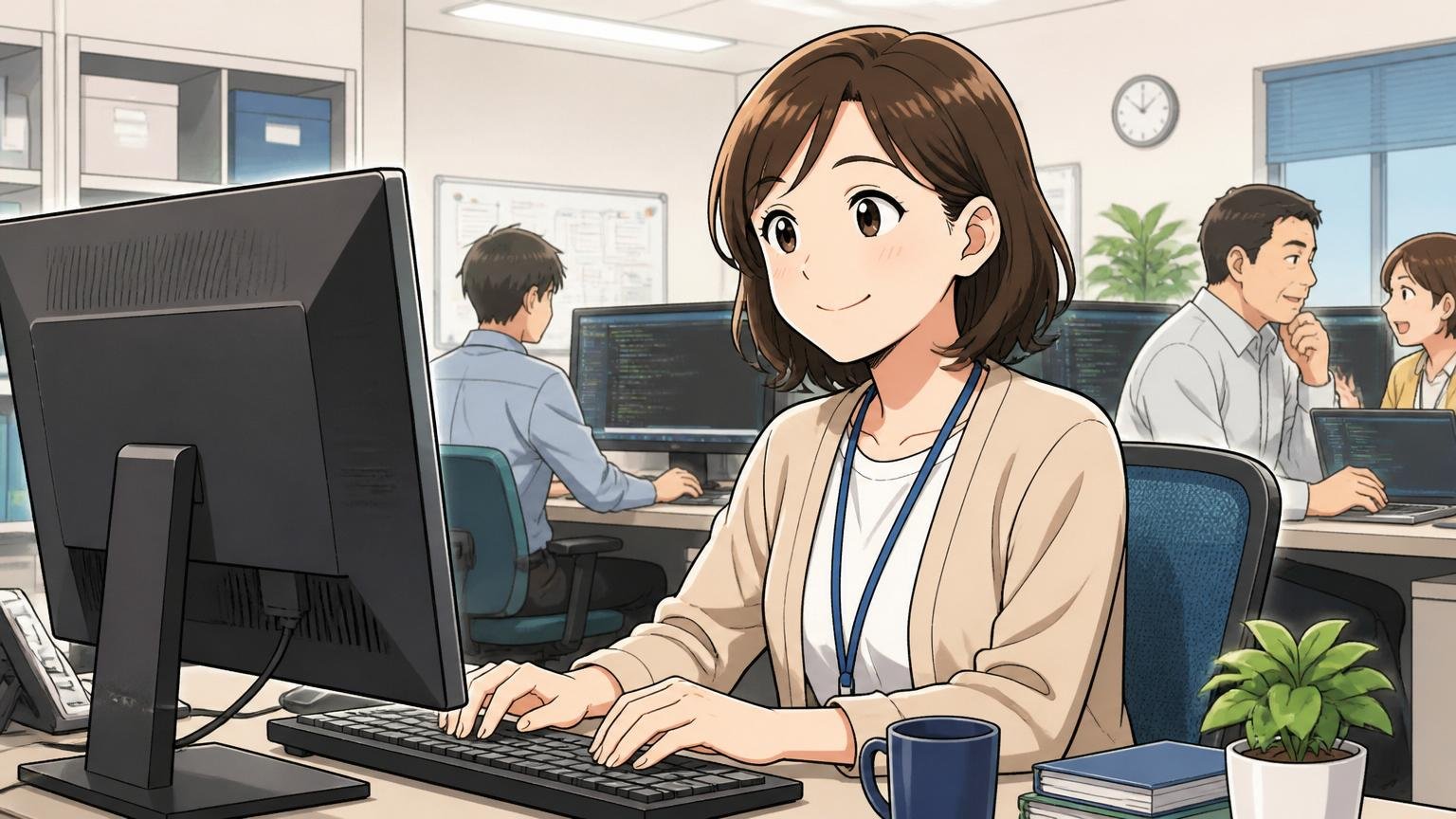 続ける選択をするエンジニア、SIerの開発現場で穏やかに業務をこなす30代女性、安定した働き方に納得した表情