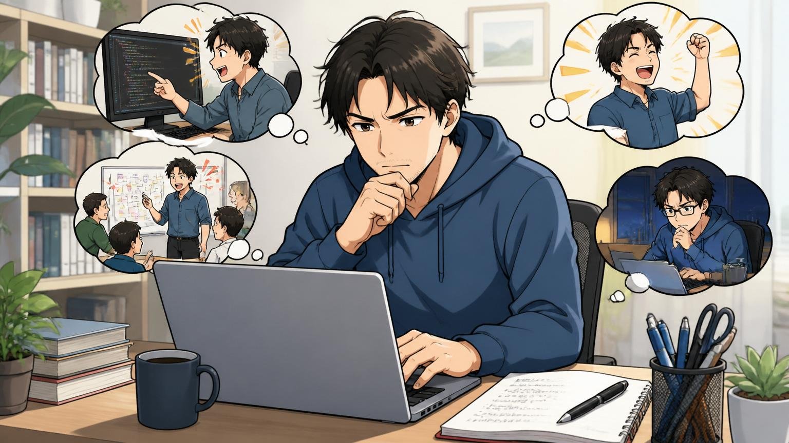 自宅のデスクで30代エンジニア1人が職務経歴書をノートPCで書きながら過去の経験を振り返る様子