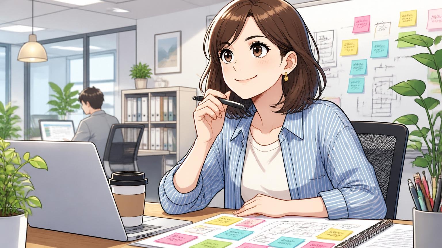 メンバーズで成長戦略を立てるデジタルクリエイター。Web系企業のオフィスで女性1人、キャリアプランを書き出す前向きな表情