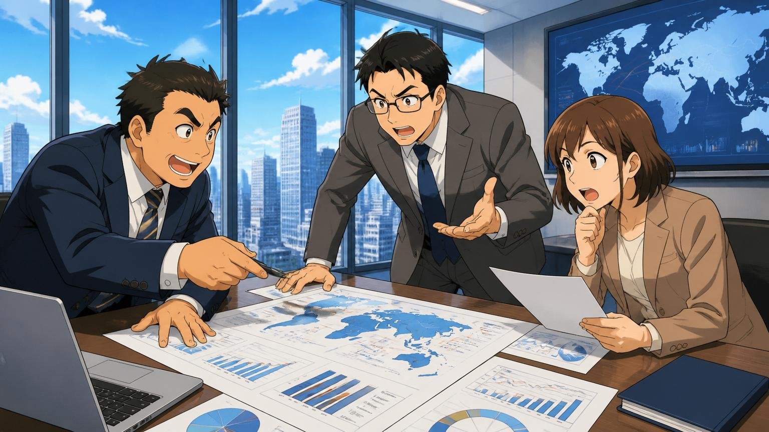 他のIBMグループ会社（日本IBM本体）との違い／企業の高層ビル会議室／コンサルタント3人／グローバル戦略の資料を議論