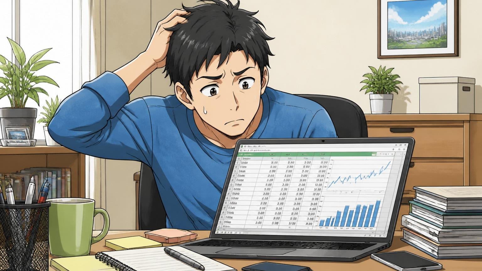 スプレッドシートで自分の年収を眺める転職検討者の自宅のデスクで在宅勤務、30代男性1人、迷ったような顔で頭をかく