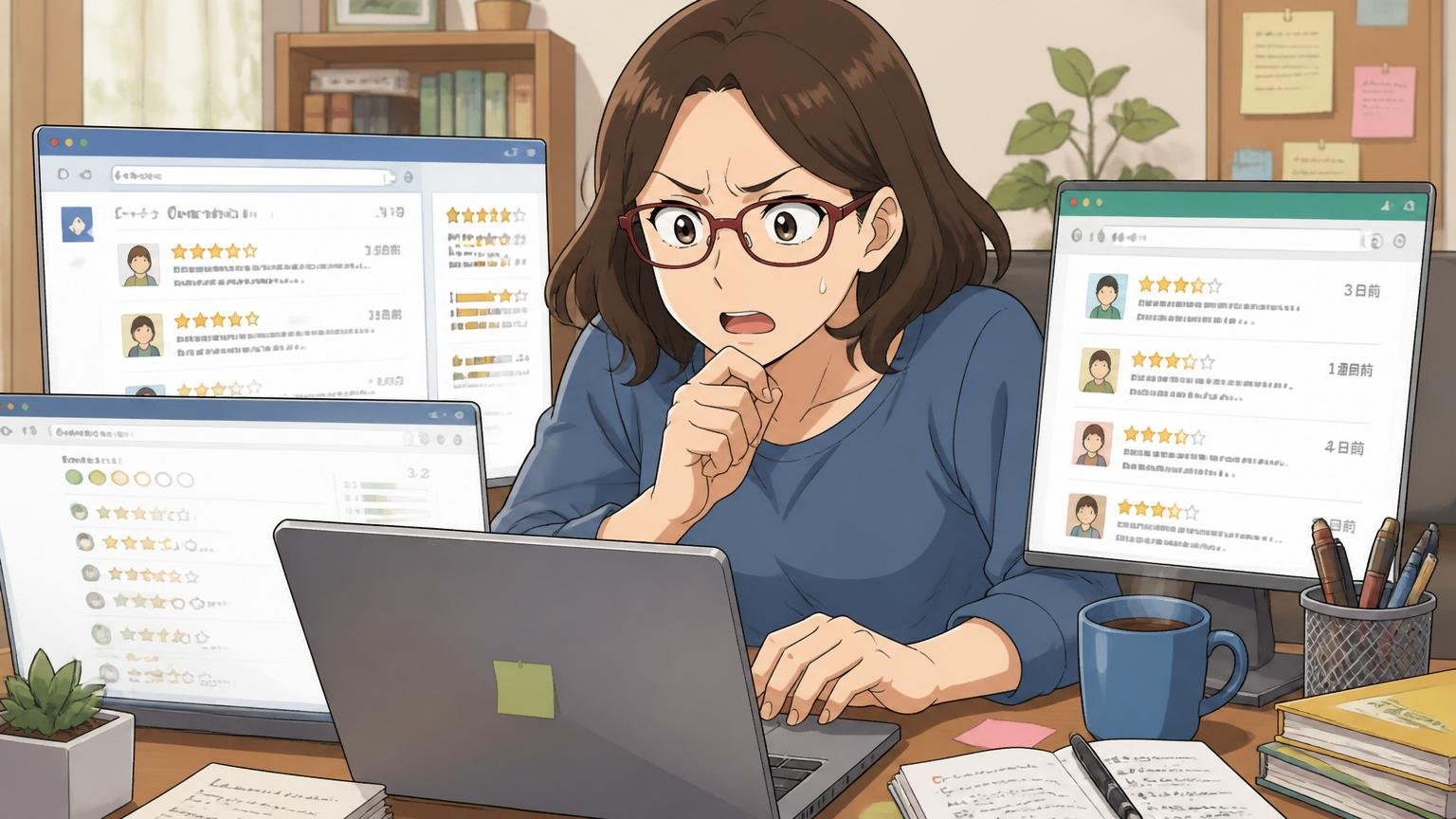 自宅でパソコン画面に向かい複数の口コミサイトを開いて吟味する30代後半女性エンジニア